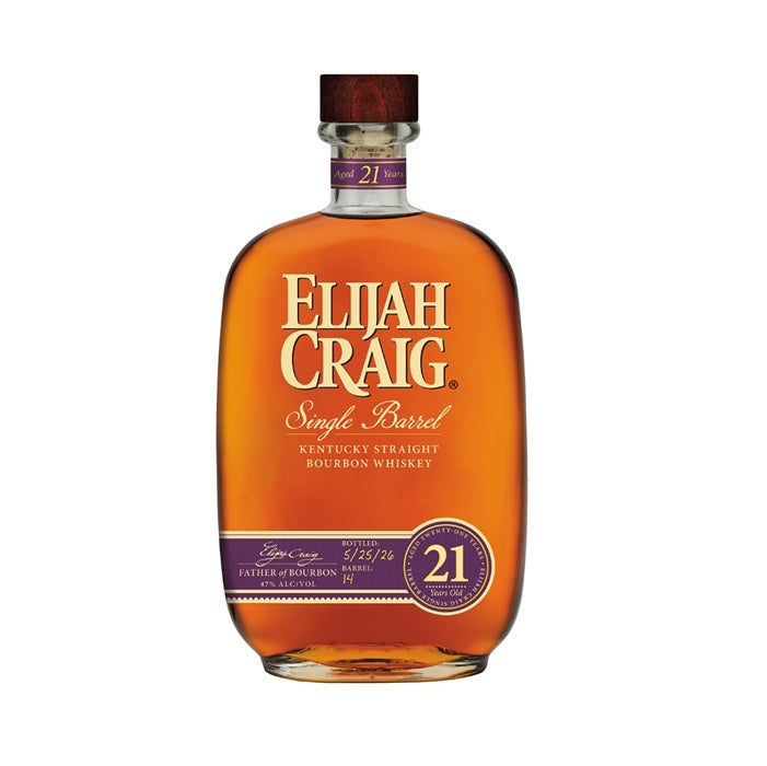 A bottle of Elijah Craig 21 Year Old Single Barrel Kentucky Straight Bourbon Whiskey, with a clear rectangular glass body, elegant gold and purple accents, and a classic wooden cap.