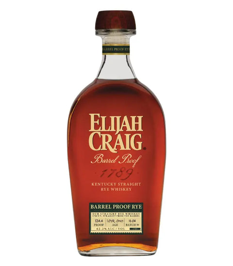 A bottle of Elijah Craig Barrel Proof Rye 10 Year Batch H-04 124.4 Proof (Pre-Order) by Elijah Craig, featuring a gold label and dark amber liquid, displayed against a white background.