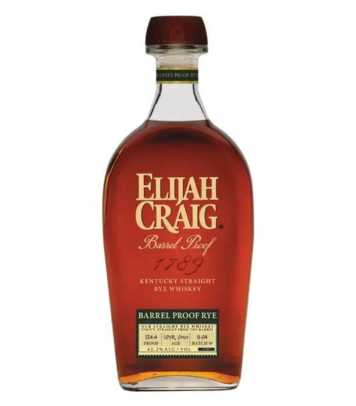 A bottle of Elijah Craig Barrel Proof Rye 10 Year Batch H-04 124.4 Proof (Pre-Order) by Elijah Craig, featuring a gold label and dark amber liquid, displayed against a white background.