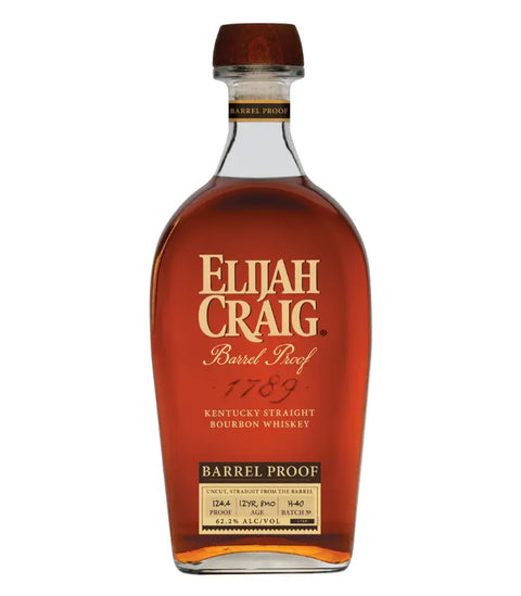 A bottle of Elijah Craig Barrel Proof 12 Year Bourbon Batch H-40 124.4 Proof (Pre-Order) featuring amber liquid, labeled with bourbon details in white and gold text.