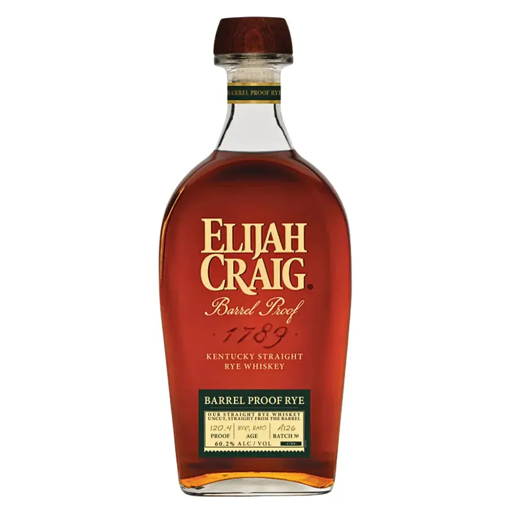 A bottle of Elijah Craig Barrel Proof Rye Batch A126 features dark amber liquid, gold labeling, and displays batch and proof details on the lower label.
