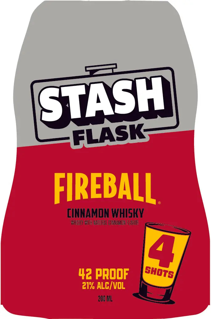 Fireball Cinnamon Whisky Stash Flask 200ml by Fireball—red and gray flask, 42 proof (21% ABV), holds 4 shots. Portable whisky for on-the-go enjoyment.