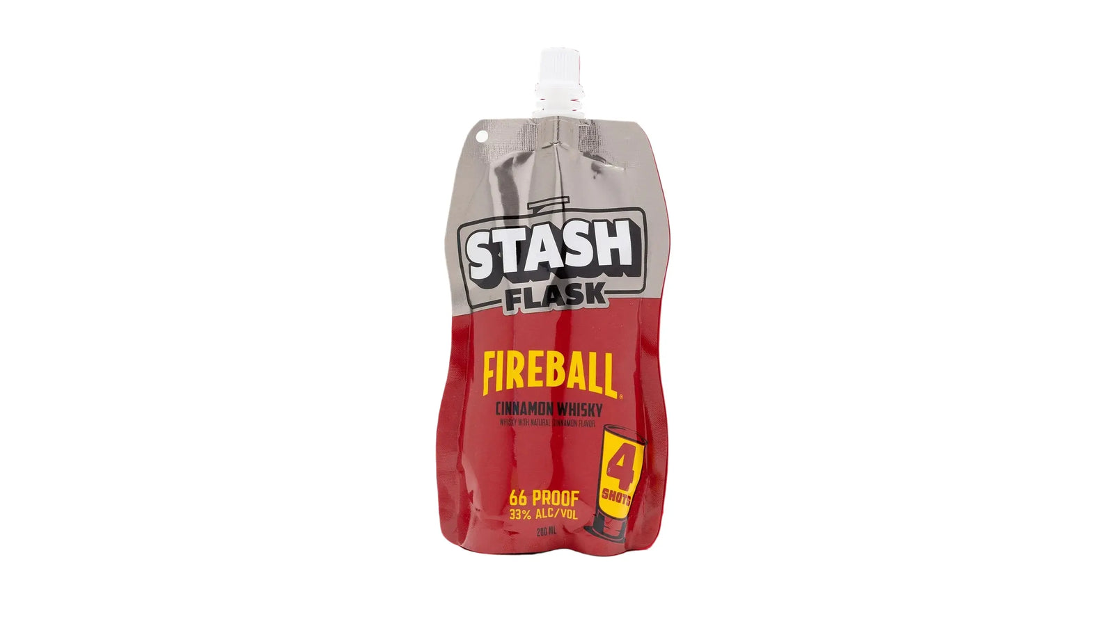 A Stash Flask Fireball liquid fire starter pouch centered on a solid red background. The pouch is red with a gray top section, a white flip-top cap, and yellow text reading 'FIREBALL'.