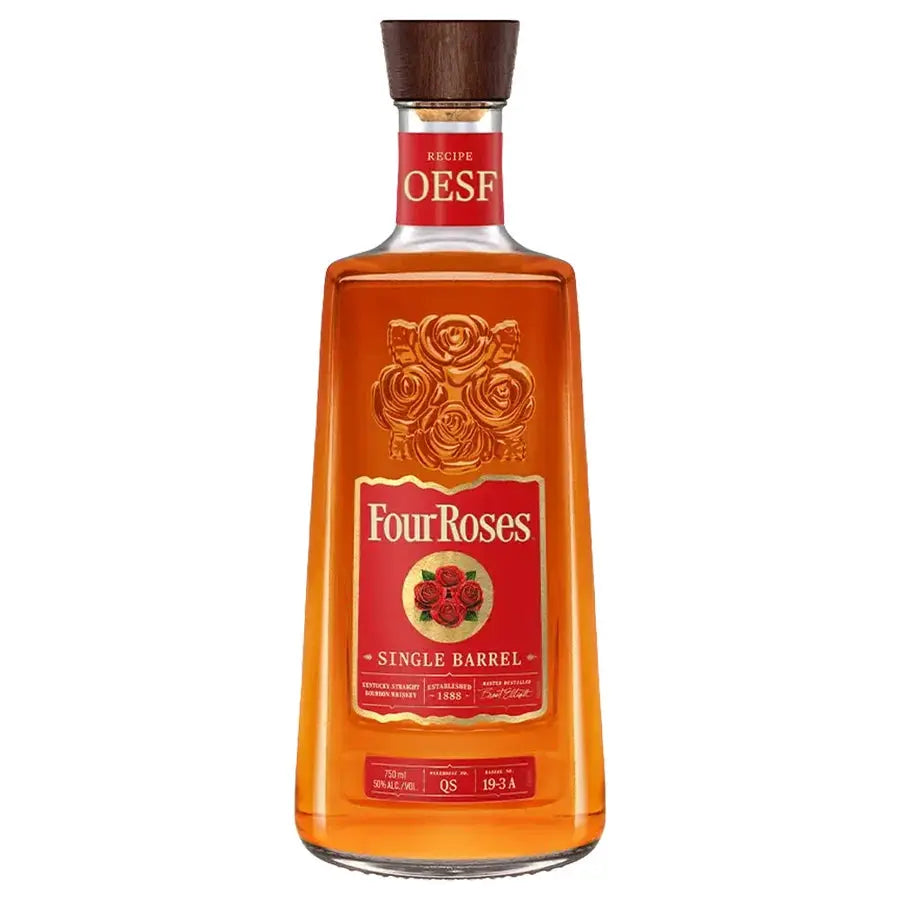 A 750ml bottle of Four Roses Single Barrel OESF Bourbon Whiskey, distinguished by its red label adorned with gold roses and topped with a wooden cap. This special 2026 release highlights the exceptional craftsmanship synonymous with every Four Roses Single Barrel expression.