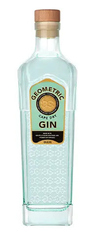 A clear glass bottle of Geometric Cape Dry Gin by Geometric, featuring a wooden cap, light blue and gold label, and white geometric patterns printed on the lower half.