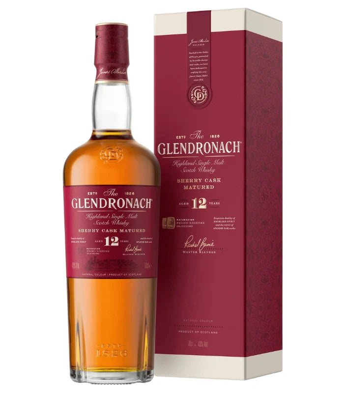 A bottle of Glendronach 12 Year Sherry Cask Single Malt Scotch Whisky 700mL stands beside its matching red and cream box, both displaying gold and white label accents.