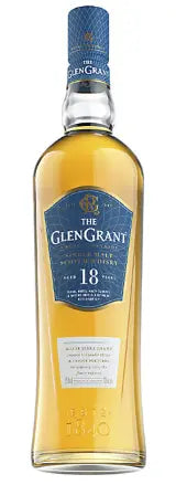 A bottle of Glen Grant 18 Year Old Scotch with a blue and gold label displaying the Glen Grant brand name, age, and product details on the front.