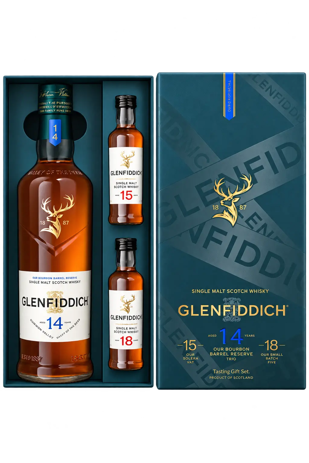 A Glenfiddich 14 Year Single Malt Scotch Whisky Limited Edition Gift Set with 15 & 18 Year 50mL containing one full-sized bottle and two 50mL miniature bottles of scotch whisky, presented in a blue display box.
