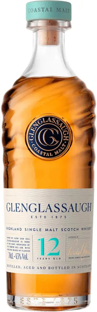 A 700mL bottle of Glenglassaugh 12 Year Old Highland Single Malt Scotch Whisky, featuring the brand’s signature blue and gold label with a clear cap, embodying the coastal character of this renowned whisky.