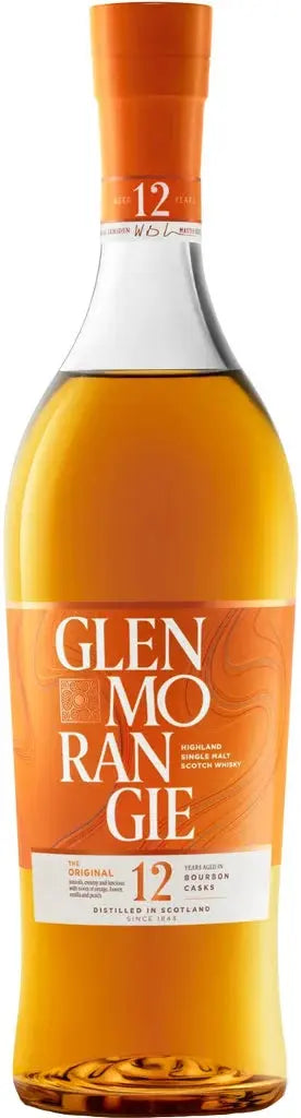 A bottle of Glenmorangie The Original 12 Year Old Highland Single Malt Scotch whisky with an orange label and gold cap.
