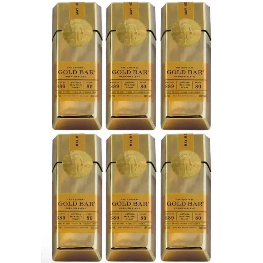 Six Gold Bar Original Mini 50ml bottles, arranged in two rows of three, showcase a gold bar shape with a round embossed seal. This 6-pack by Gold Bar is Napa wine barrel finished for a unique tasting experience.