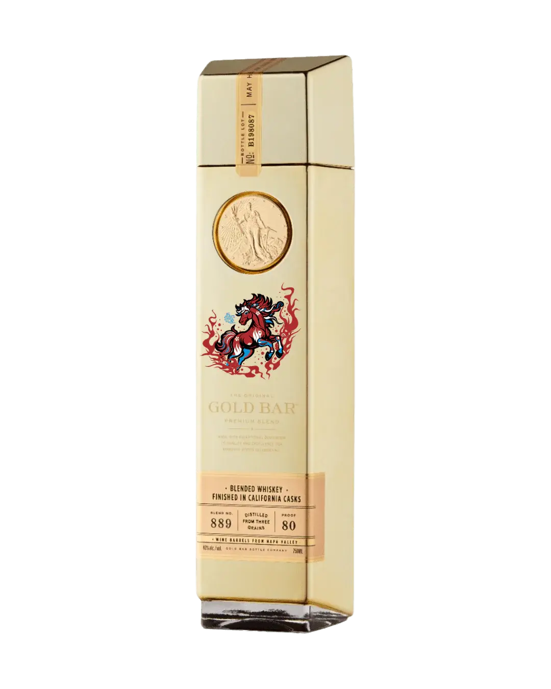 A tall, gold-colored bottle of Gold Bar Whiskey Year of the Horse 2026 Limited Edition features a raised gold coin, a decorative horse illustration, and a label noting it is American blended whiskey finished in California casks.