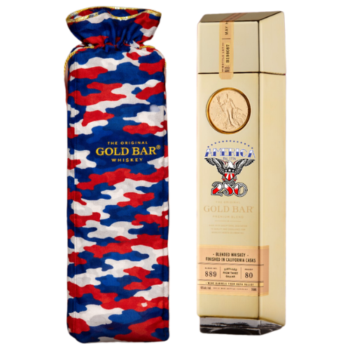 Gold Bar Whiskey America's 250th Special Edition 750ml (PRE-ORDER) features a gold coin motif and comes with a patriotic camo drawstring bag labeled “Gold Bar Whiskey”—a collectible gift set ideal for whiskey lovers.