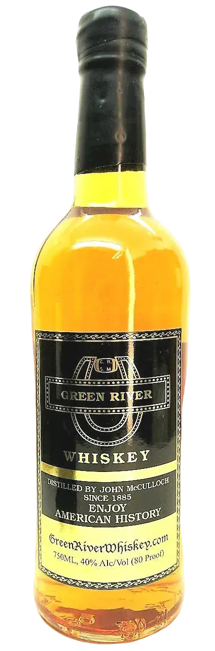 A bottle of Green River American Whiskey, branded as Mountain Dew &amp; Green River, features a black and gold label displaying the Green River name, distiller details, and its 40% alcohol content. Inside, this classic American whiskey has a rich amber color.