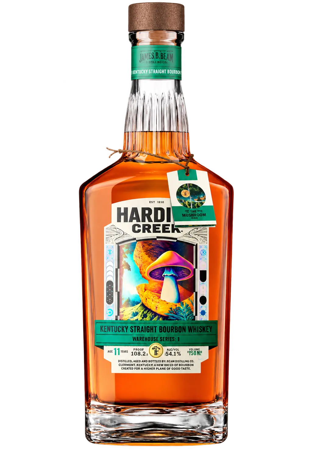 A bottle of Hardin’s Creek Warehouse Series Release 1 The Mushroom One 11 Year Bourbon Whiskey, featuring a label with a large, colorful mushroom illustration and a hanging tag labeled The Mushroom One.