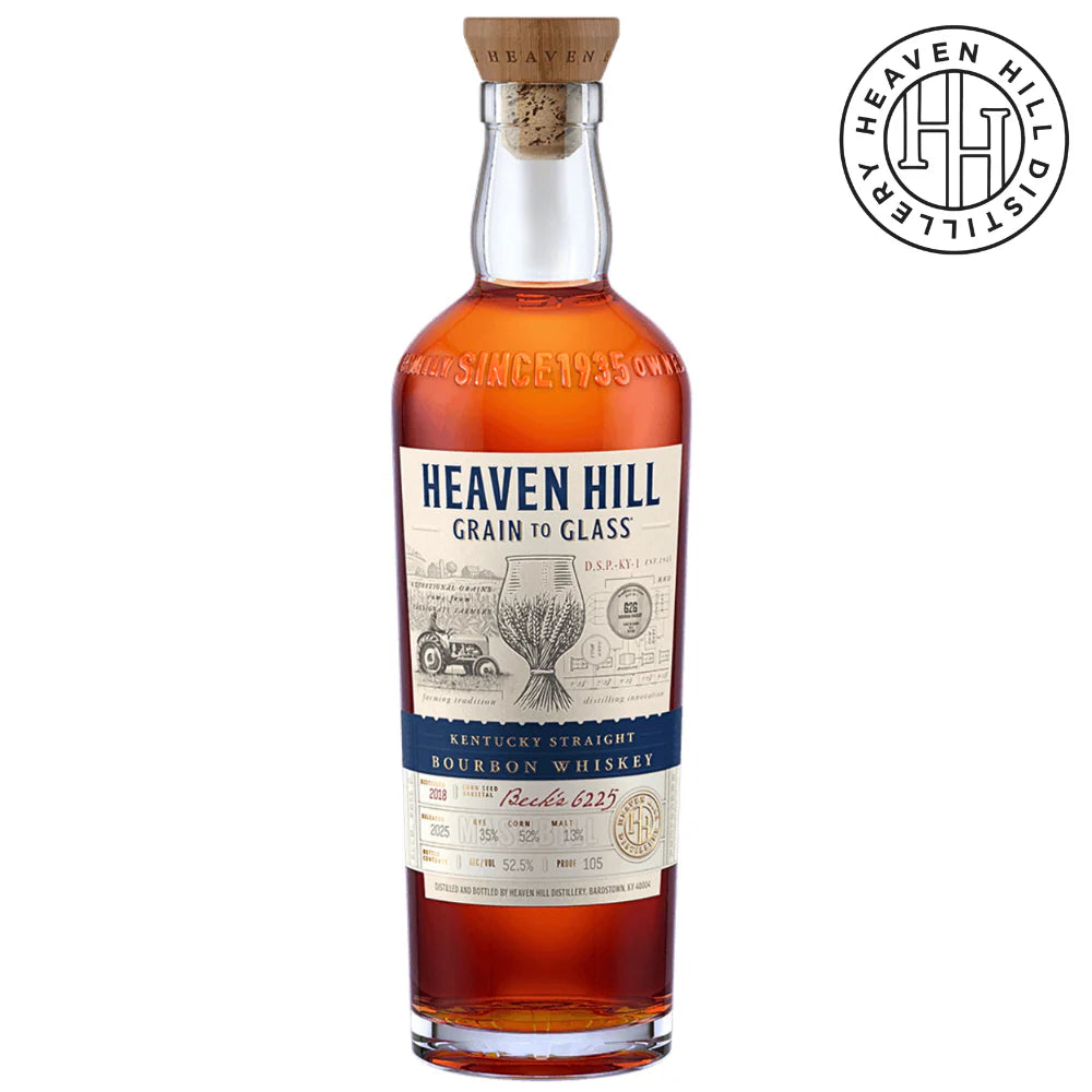 A bottle of Heaven Hill Distillery’s Grain to Glass Bourbon 2025 Release, Kentucky Straight Bourbon Whiskey, features a wooden cork and detailed label. The Heaven Hill Distillery logo appears in the upper right corner.