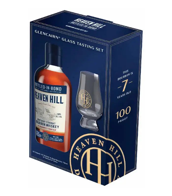 The Heaven Hill 7 Year Old Bourbon Gift Set includes a bottle of 100 proof, 7-year-aged Bourbon and a branded Glencairn glass, all presented in exclusive packaging.