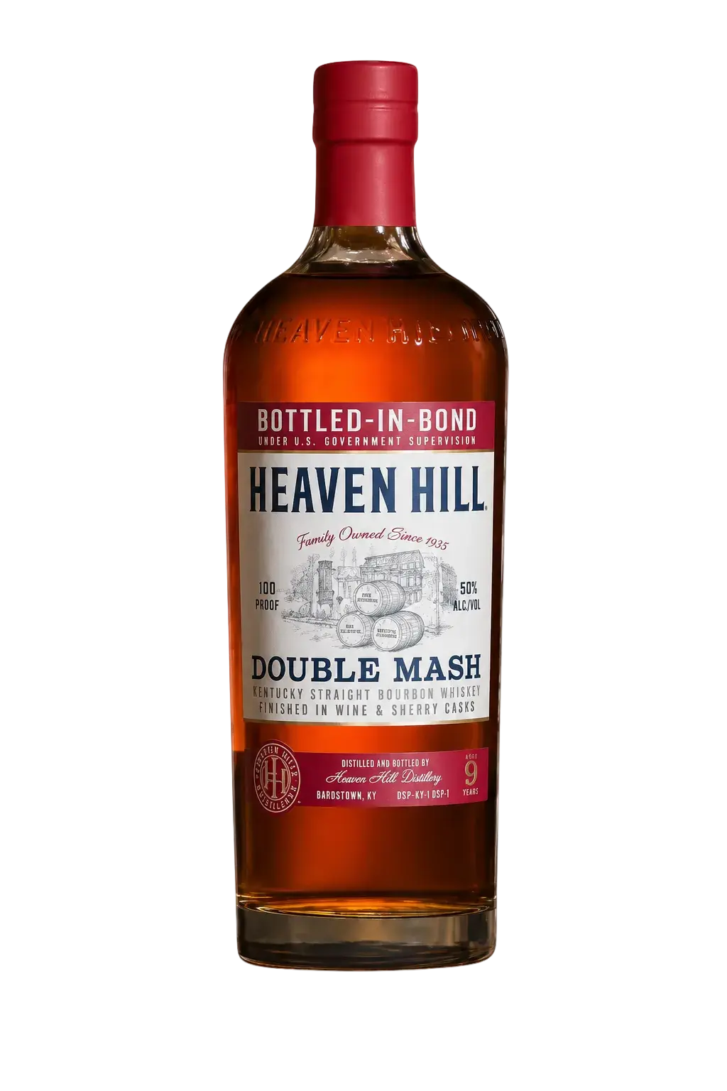 A bottle of Heaven Hill Double Mash Bottled-in-Bond Bourbon by Heaven Hill, featuring a red cap and label, "Bottled-in-Bond" and "100 Proof" text, and an illustrated distillery on the front.