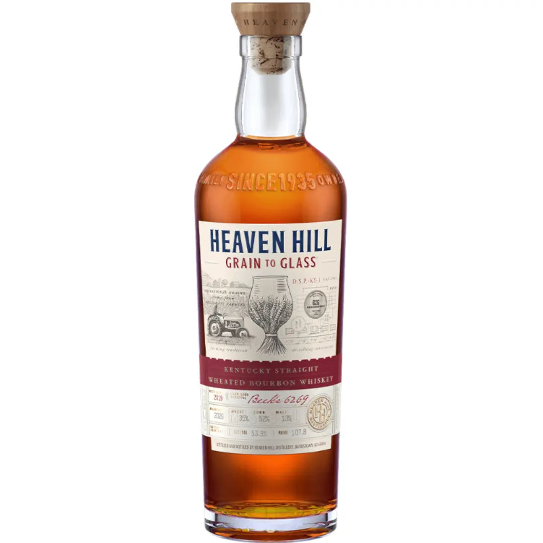 A bottle of Heaven Hill Grain to Glass 2026 Release Kentucky Straight Wheated Bourbon Whiskey from Heaven Hill Distillery, featuring a wooden cork and detailed label—an ideal choice for collectors seeking a Limited Edition Bourbon crafted with care.