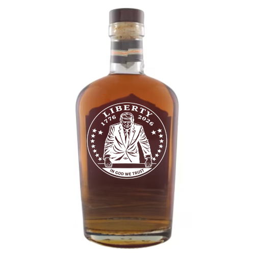 The Horse Soldier Liberty Mint Custom Etched Bourbon by Memory Bottles features a brown bottle with a line drawing of a suited man, stars, and "Liberty 1776-2026"—ideal as a custom engraved gift or for Liberty Mint edition fans.