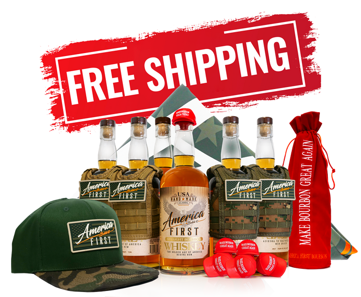 The America First Straight Bourbon Whiskey 6 Pack, green camo America First cap, red shot glasses, and red Make Bourbon Great Again bag are featured with a FREE SHIPPING banner in this exclusive bourbon collection.