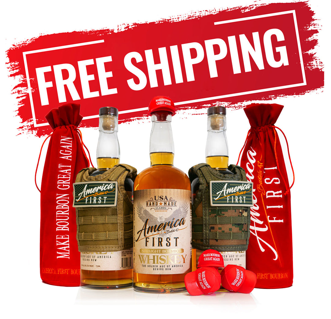 America First Straight Bourbon Whiskey 3 Pack is displayed with red and camo bags, branded toppers, and a bold FREE SHIPPING banner above—an ideal limited-edition collector&