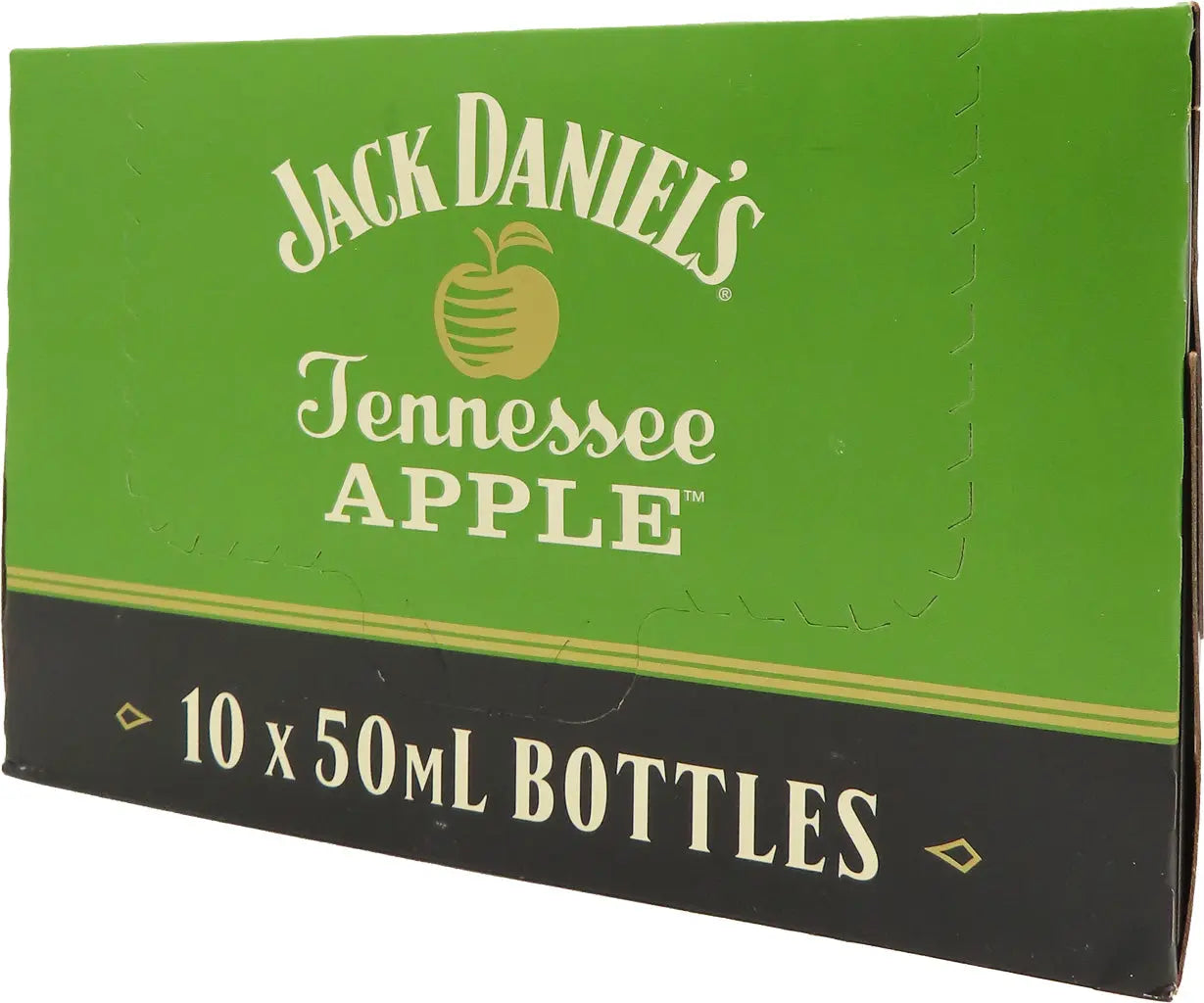 A green and black box labeled “Jack Daniel’s Apple 50ml 10pk” from Mission Wine & Spirits, featuring an apple graphic and containing 10 bottles (50mL each).
