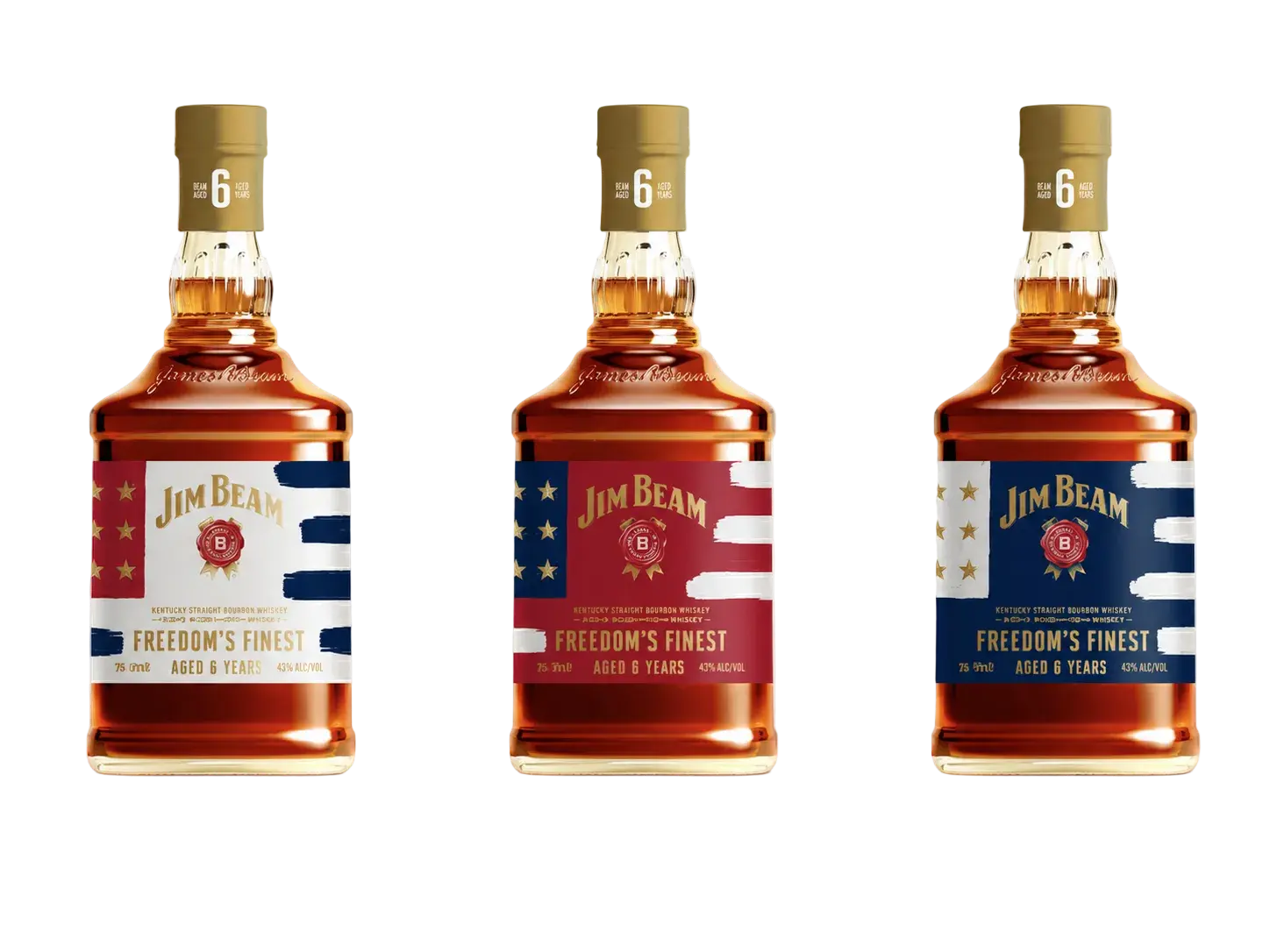 Three Jim Beam bourbon whiskey bottles with patriotic red, white, and blue labels are lined up against a light gray background.