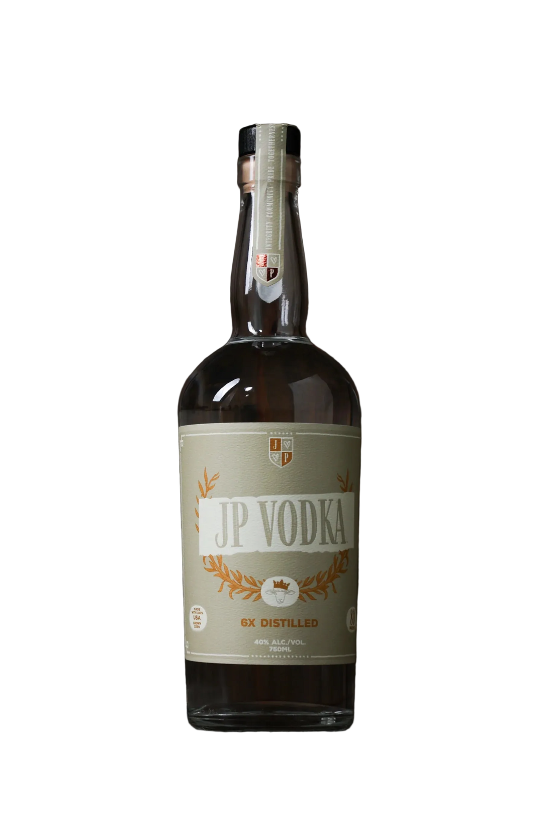 A bottle of JP Vodka, featuring a beige label with gold accents and the text “JP Vodka,” “6x distilled,” and “40% alc/vol.” This American-made corn vodka is crafted for smoothness and comes with a black cap and seal.