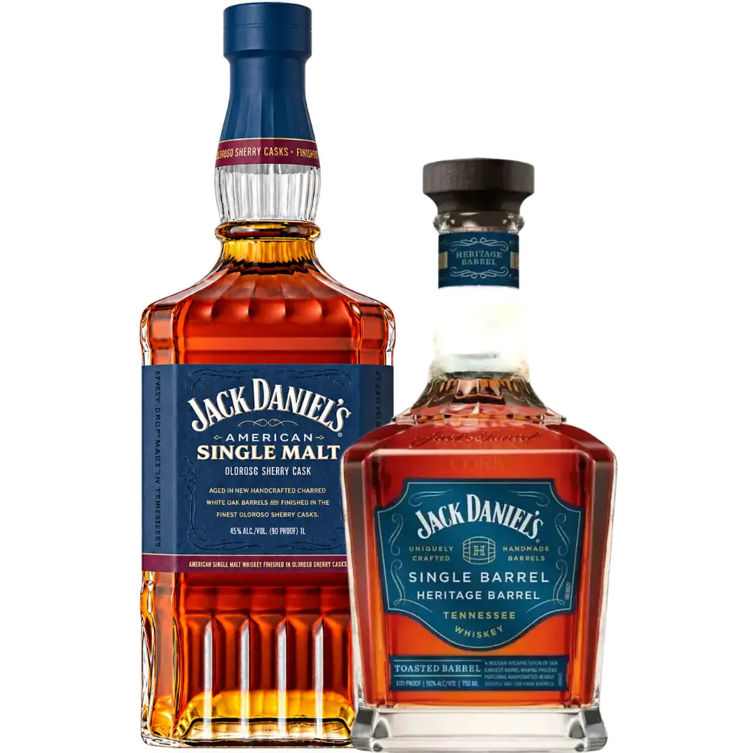 Two bottles from the Jack Daniel’s American Heritage Bundle: American Single Malt &amp; Heritage Barrel Toasted Single Barrel, a tall American Single Malt bottle next to a shorter Heritage Barrel bottle.