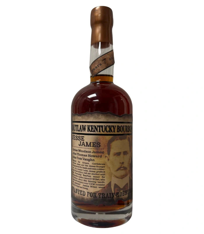 A bottle of Jesse James Outlaw Kentucky Bourbon 7 Year by Jesse James Spirits, featuring vintage-inspired design elements and text highlighting his notorious train robber legacy and the bold character of this aged bourbon.