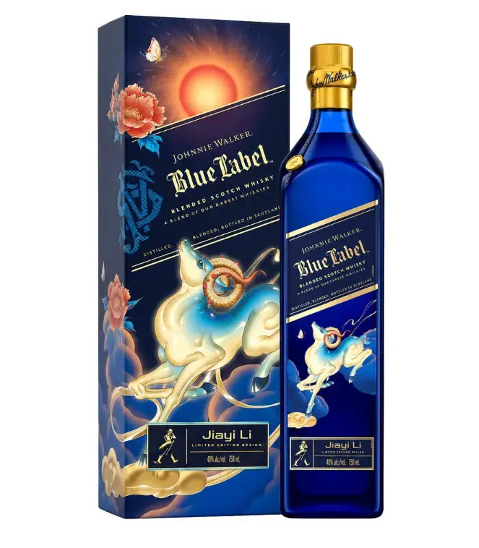 The Johnnie Walker Blue Label Year of The Goat Lunar New Year by JiaYi Li (Pre-Order) bottle and box showcase a mythical white horse with clouds, flowers, and gold, featuring blue designs for this Fire Goat limited edition.