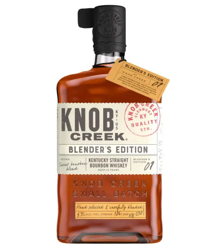 A bottle of Knob Creek Blender’s Edition #1 10 Year Kentucky Straight Bourbon, with amber liquid, a black cap, premium small batch labels, and a tan neck tag.