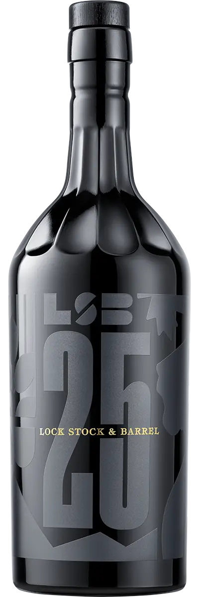 A black bottle with embossed silver "25" and abstract design, labeled LOCK STOCK &amp; BARREL in gold, features Lock Stock &amp; Barrel 25 Year Straight Rye Whiskey—an ultra-premium release from the Lock Stock &amp; Barrel brand.