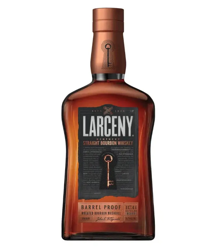 A bottle of Larceny Barrel Proof from Larceny Bourbon, featuring a black label with gold and white text and a key graphic on the bottle and label.