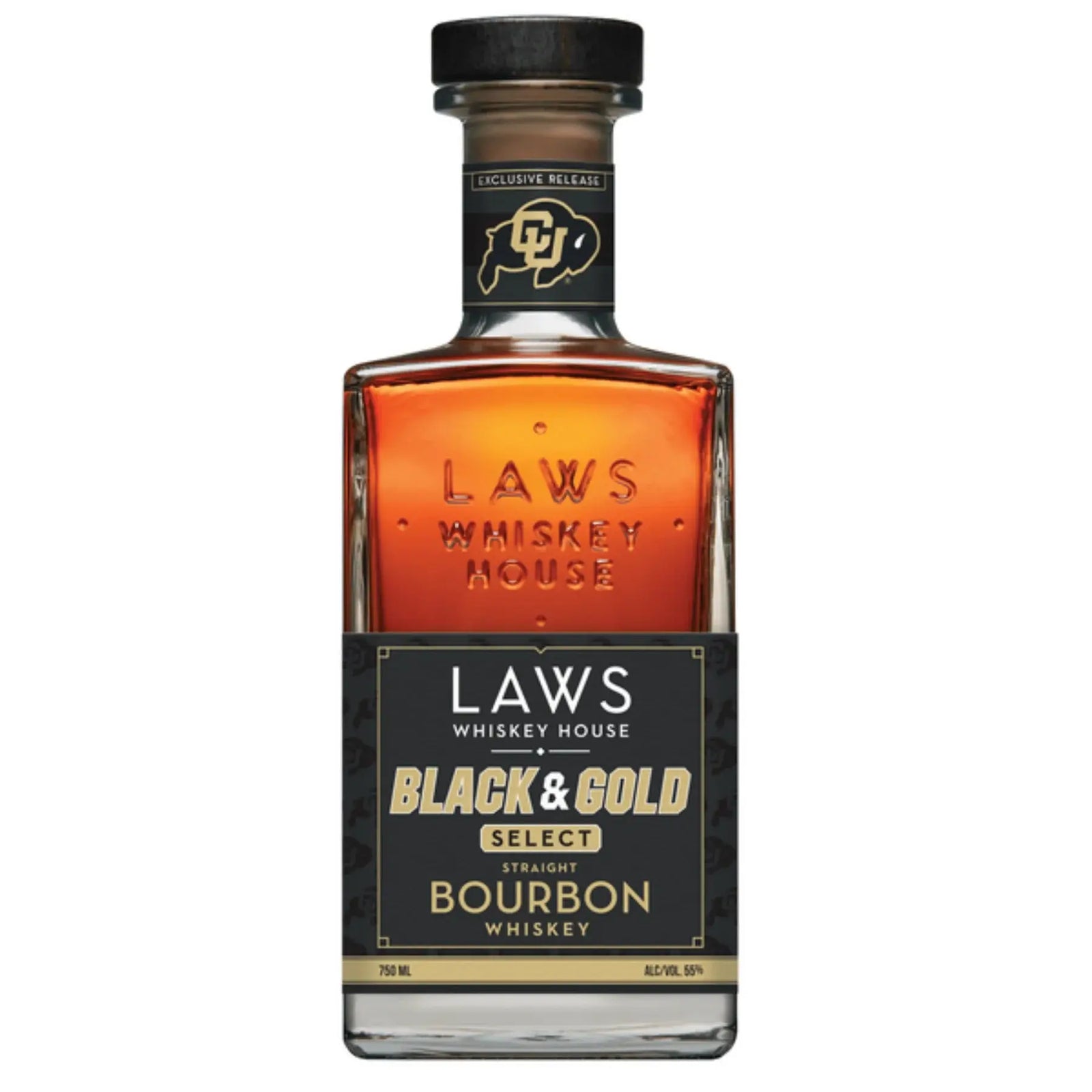 A rectangular bottle of Laws Whiskey House Black & Gold Select Four Grain Straight Bourbon Whiskey from Laws Whiskey House, featuring a black and gold label and a cork top. The amber-colored whiskey inside highlights the craft of their Colorado Four Grain Straight Bourbon.