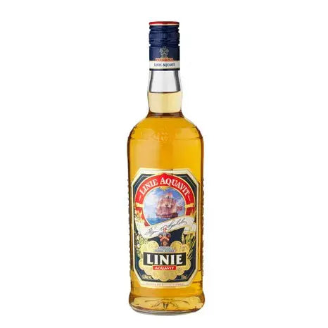 Linie Aquavit 700mL, from Linie Aquavit, is a famous Norwegian spirit with a gold liquid, blue and red cap, and a detailed label showing a ship, signature, and the prominent word "LINIE".