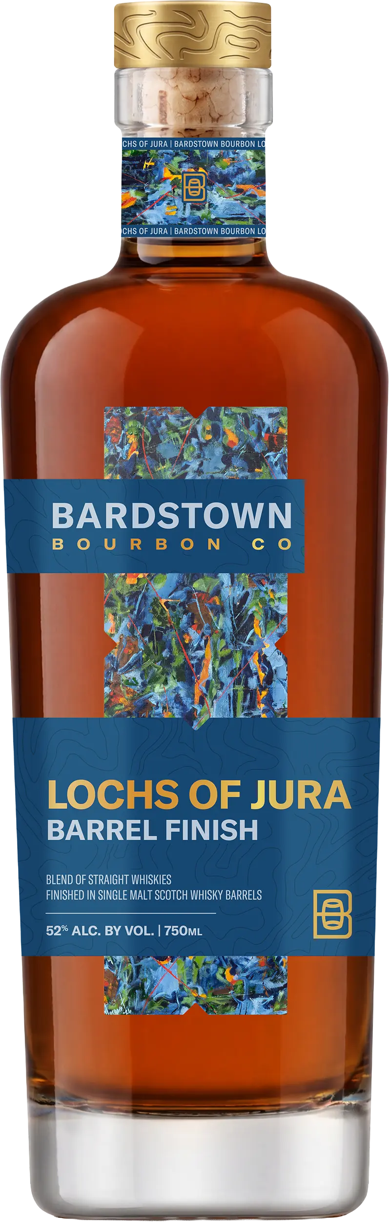 A 750ml bottle of Bardstown Bourbon Company Lochs of Jura Barrel Finish Whiskey, featuring abstract blue artwork and labeled at 52% alcohol by volume. This limited-release offering from Bardstown Bourbon Company highlights exceptional craftsmanship and a unique barrel finish.
