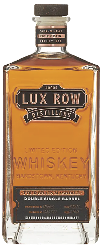 A rectangular bottle of Lux Row Distillers Four Grain Double Single Barrel Straight Bourbon, featuring amber bourbon and black-copper labels—an ideal collector’s item for fans of fine Kentucky bourbons.