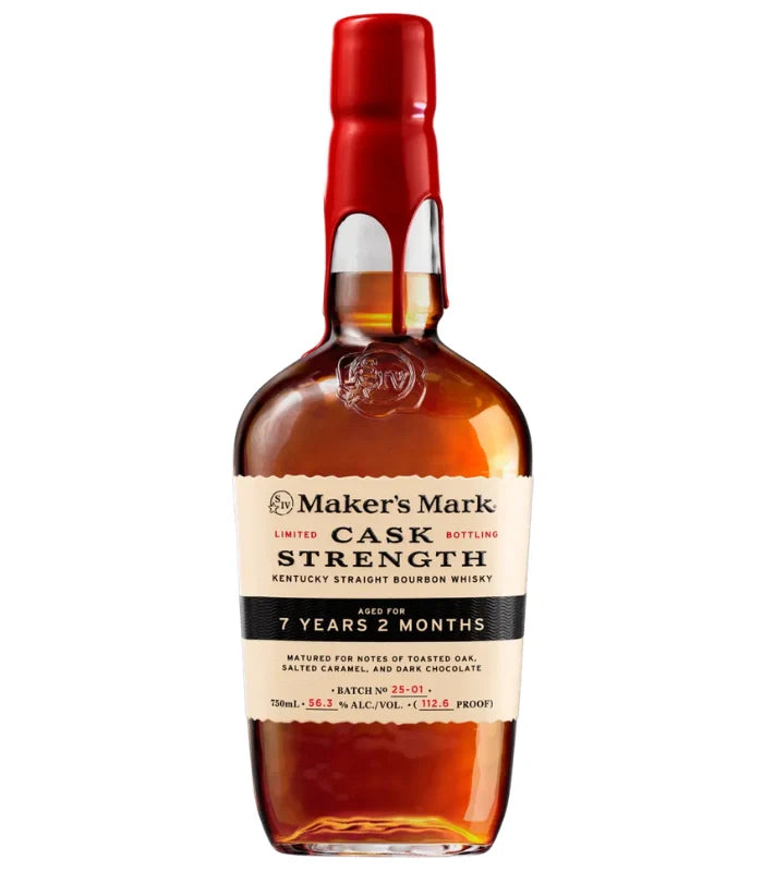 Maker's Mark Cask Strength 7 Year Bourbon 750mL features the signature red wax seal, aged 7 years 2 months, and bottled at a robust 56.1% ABV—a true barrel strength bourbon from Maker's Mark.