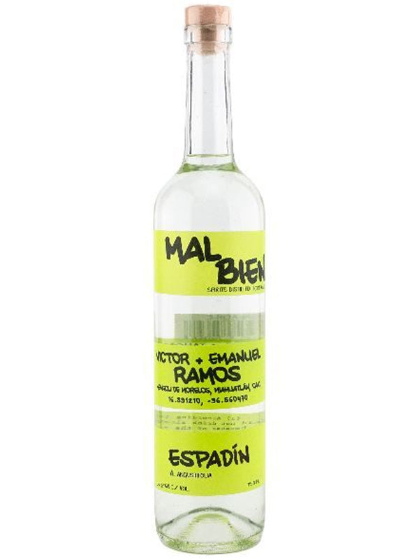 A clear glass bottle of Mal Bien Green Tape Espadin Ramos mezcal with a light green label, handwritten black text, and a cork top. This artisanal Mal Bien spirit from Miahuatlán, Oaxaca displays the distillers' names and spirit details.