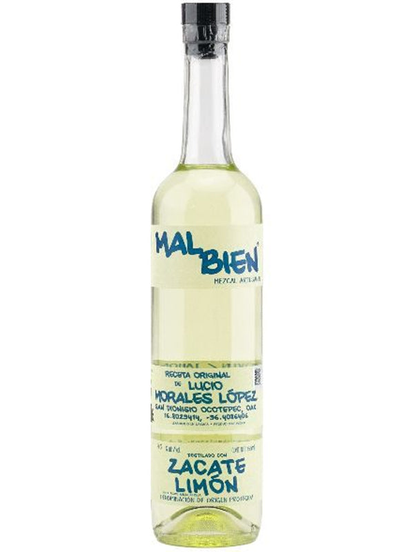 A clear bottle of Mal Bien Zacate Limon Morales mezcal, with a white and green label featuring blue and black handwritten-style text, highlights lemongrass infusion and identifies Lucio Morales López as the mezcalero.