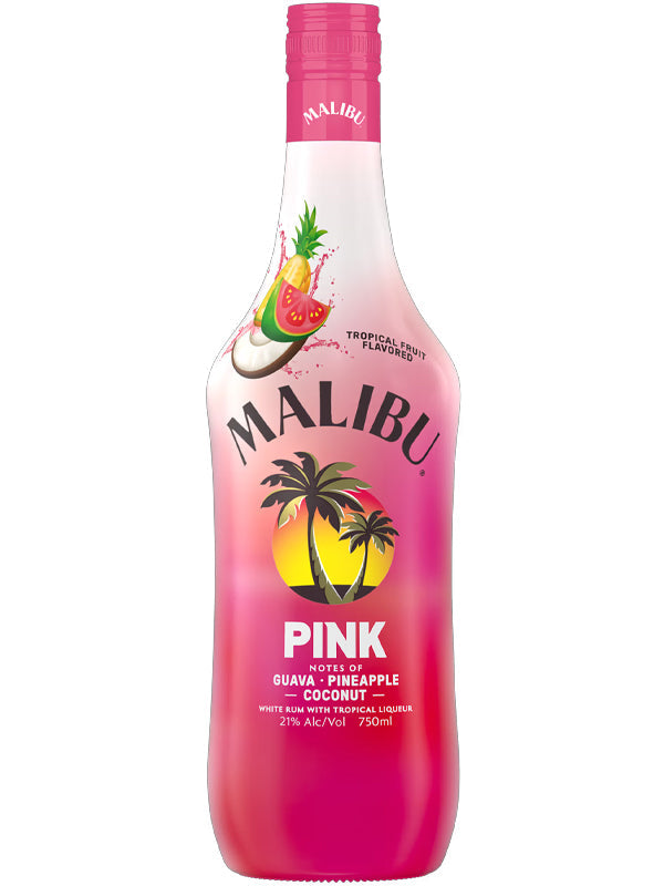 Malibu Pink Rum (Malibu) features a gradient pink-white label with palm trees and fruit illustrations, highlighting flavors of guava, pineapple, and coconut. 21% alc/vol, 750ml—ideal for tropical rum lovers.