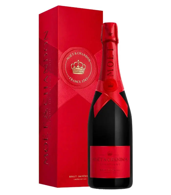 The Möet & Chandon Imperial Brut Red Holiday 2025 Limited Edition champagne features a festive red and gold label, wrapped in red foil, with a matching gift box—ideal for celebrating the 2025 holidays in style.