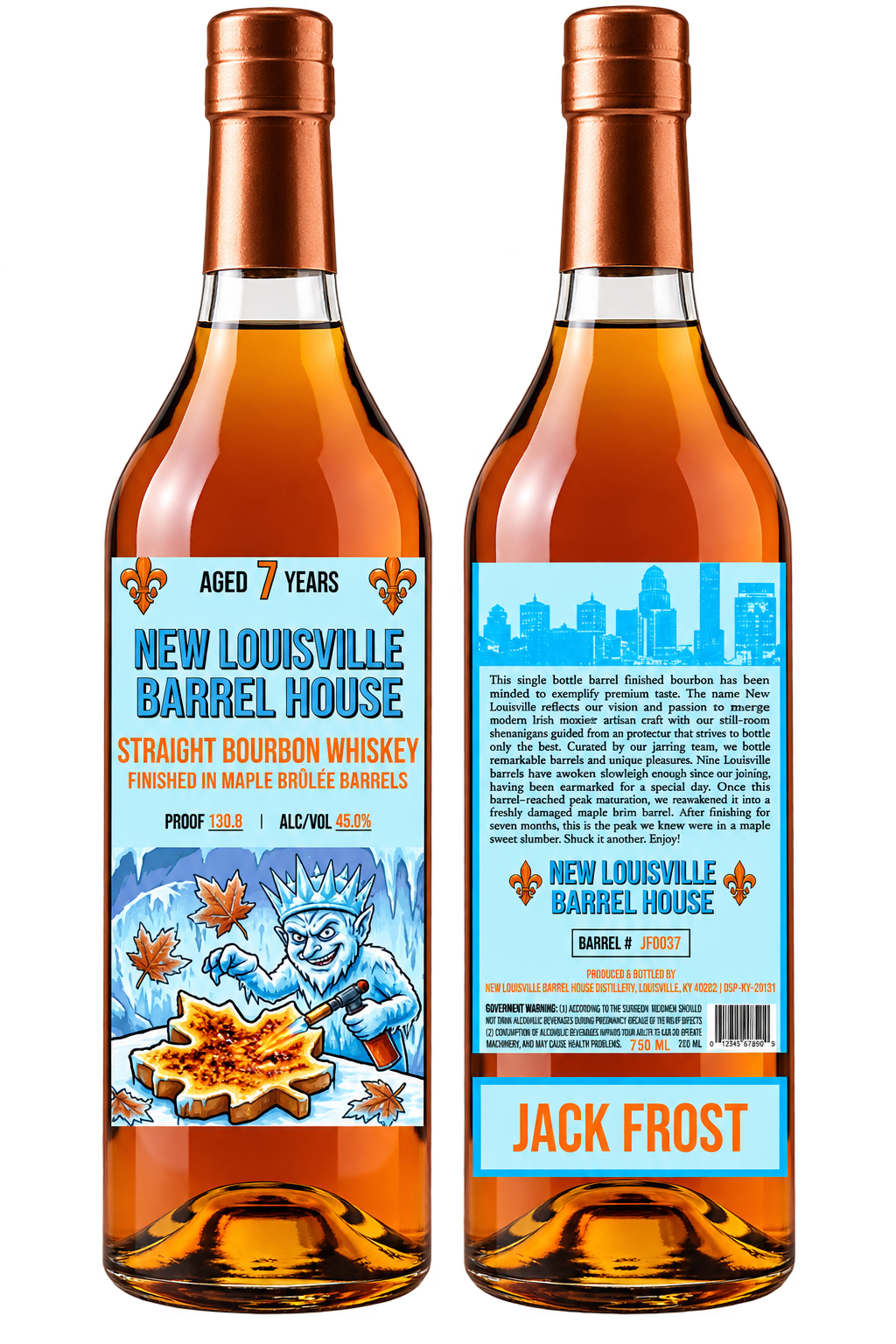 Front and back view of a New Louisville Jack Frost Christmas Edition 7 Year Maple Brûlée Finished Bourbon 130.8 Proof bottle, featuring an ice king with a maple leaf cookie, 130.8 proof label, and 7-year age statement.