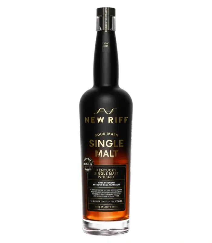A 750mL bottle of New Riff Cask Strength Sour Mash Kentucky Single Malt Whiskey, featuring an amber hue and a black and gold label with tasting notes in bold text.