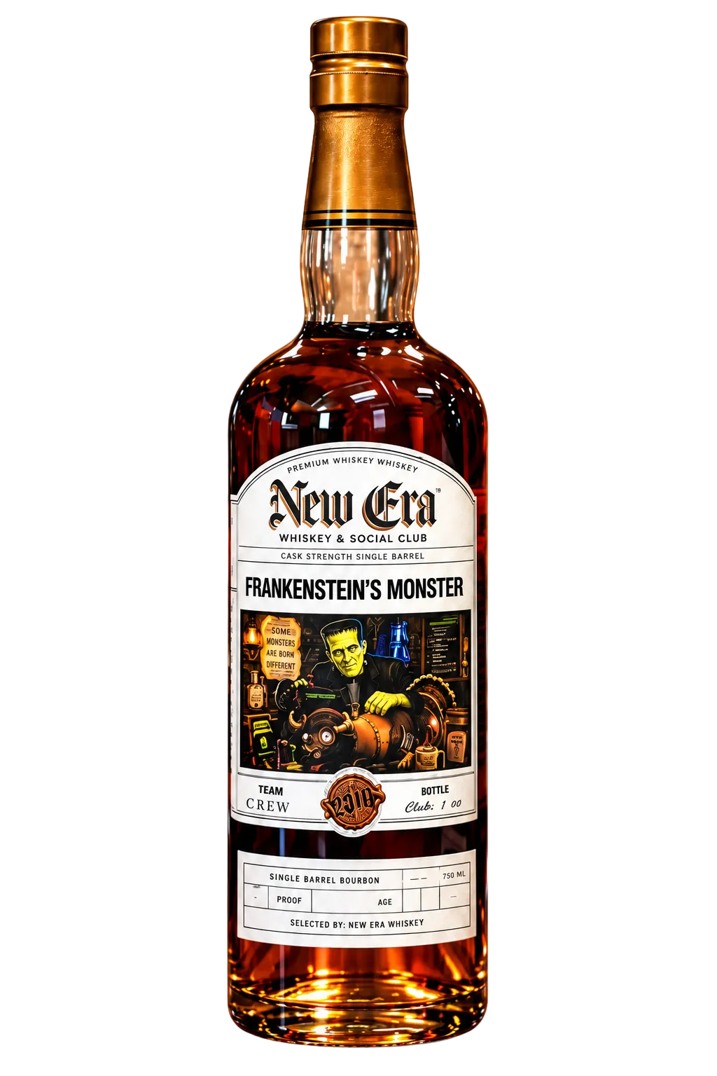 A bottle of New Era Frankenstein’s Monster Cask Strength 8 Year Single Barrel Bourbon (Pre-Order) by New Era, featuring vintage-style artwork of Frankenstein’s monster and lab equipment. The label highlights this cask strength single barrel release, with details about the 8 year bourbon inside and a classic corked top.