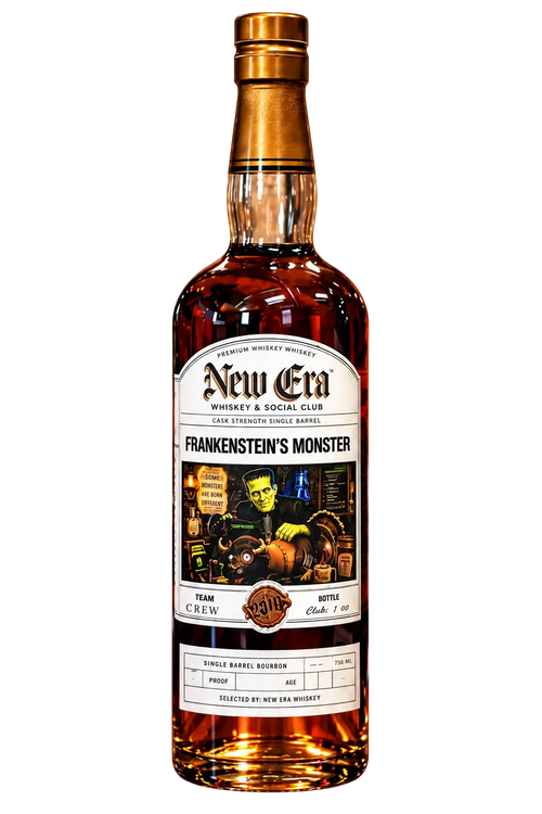 A bottle of New Era Frankenstein’s Monster Cask Strength 8 Year Single Barrel Bourbon (Pre-Order) by New Era, featuring vintage-style artwork of Frankenstein’s monster and lab equipment. The label highlights this cask strength single barrel release, with details about the 8 year bourbon inside and a classic corked top.