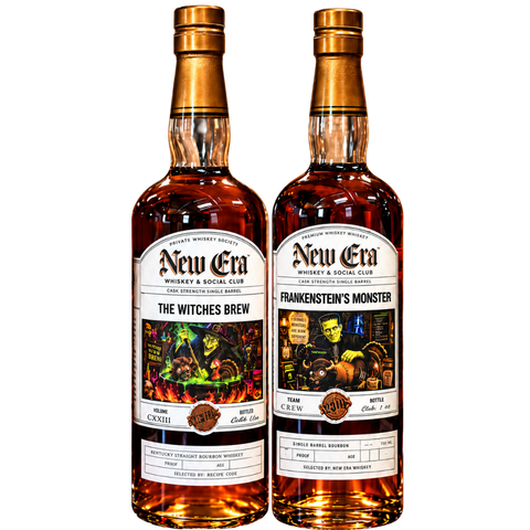 The New Era Halloween 8 Year Cask Strength Single Barrel Bourbon Bundle (Pre-Order) includes two limited edition bottles, each featuring ornate branding and vibrant artwork: one adorned with a witch-themed illustration titled “The Witches Brew,” and the other with a Frankenstein motif called “Frankenstein’s Monster.” These collectible whiskeys from New Era are perfect for Halloween enthusiasts and bourbon collectors alike.