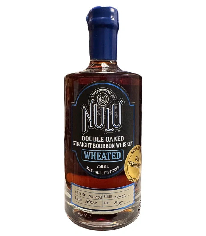A 750ml bottle of Nulu 8 Year Single Barrel Double Oaked Wheated Bourbon “Old Fashioned” 111.6 Proof, non-chill filtered, with a blue wax seal and a gold medal sticker on the label.